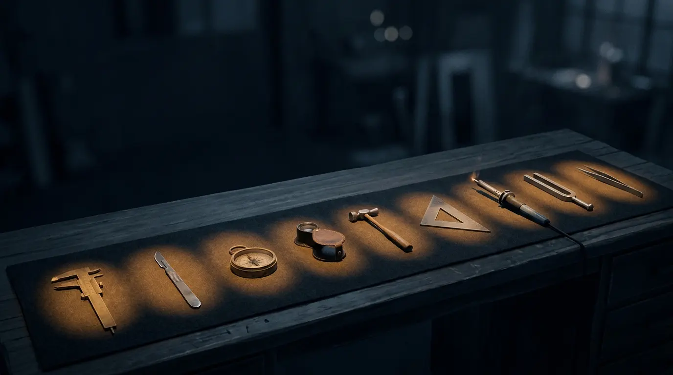 Nine precision tools laid out on a dark workbench, each lit by its own amber pool of light.