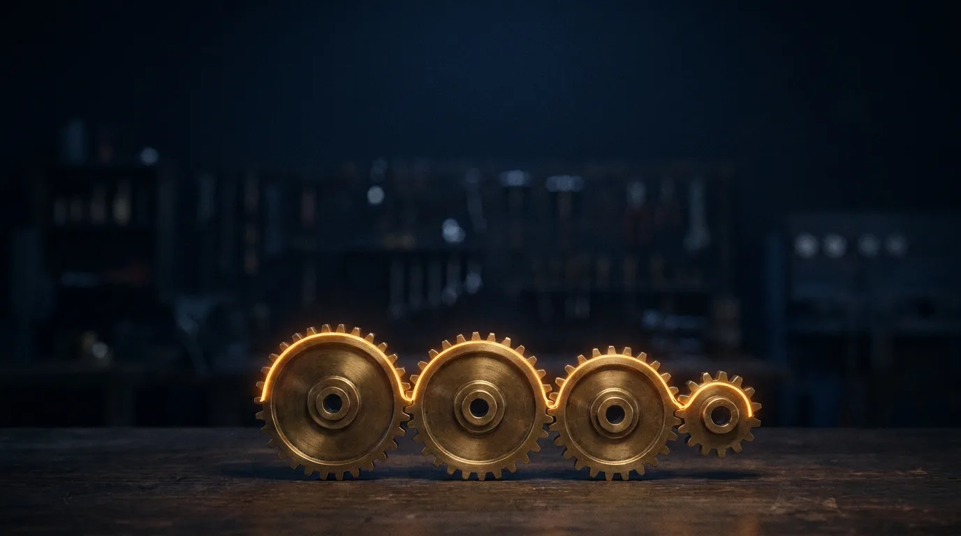 Four brass gears meshed in a straight line on a dark workbench, a single amber filament of light running across their teeth.