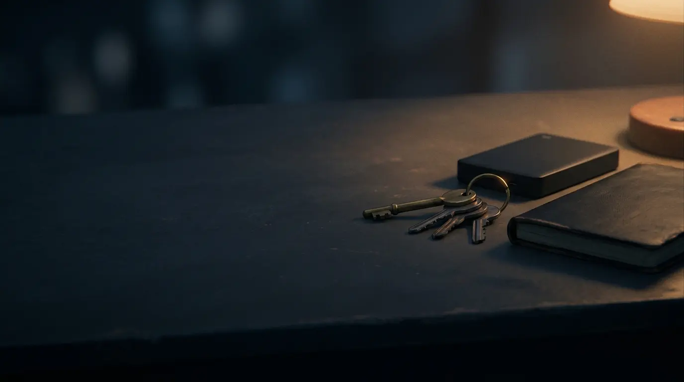 A key ring, a hard drive and a notebook on a dark desk, lit by an amber lamp — the handover.
